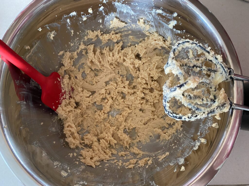 Butter and sugars in bowl  creamed