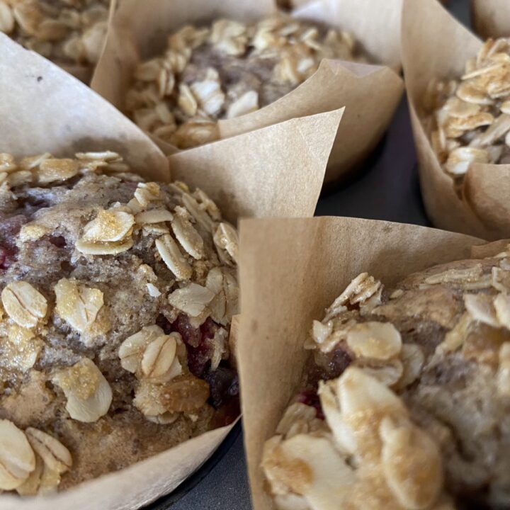 Strawberry Banana Chocolate Chip Muffins with Oat Crumble Topping